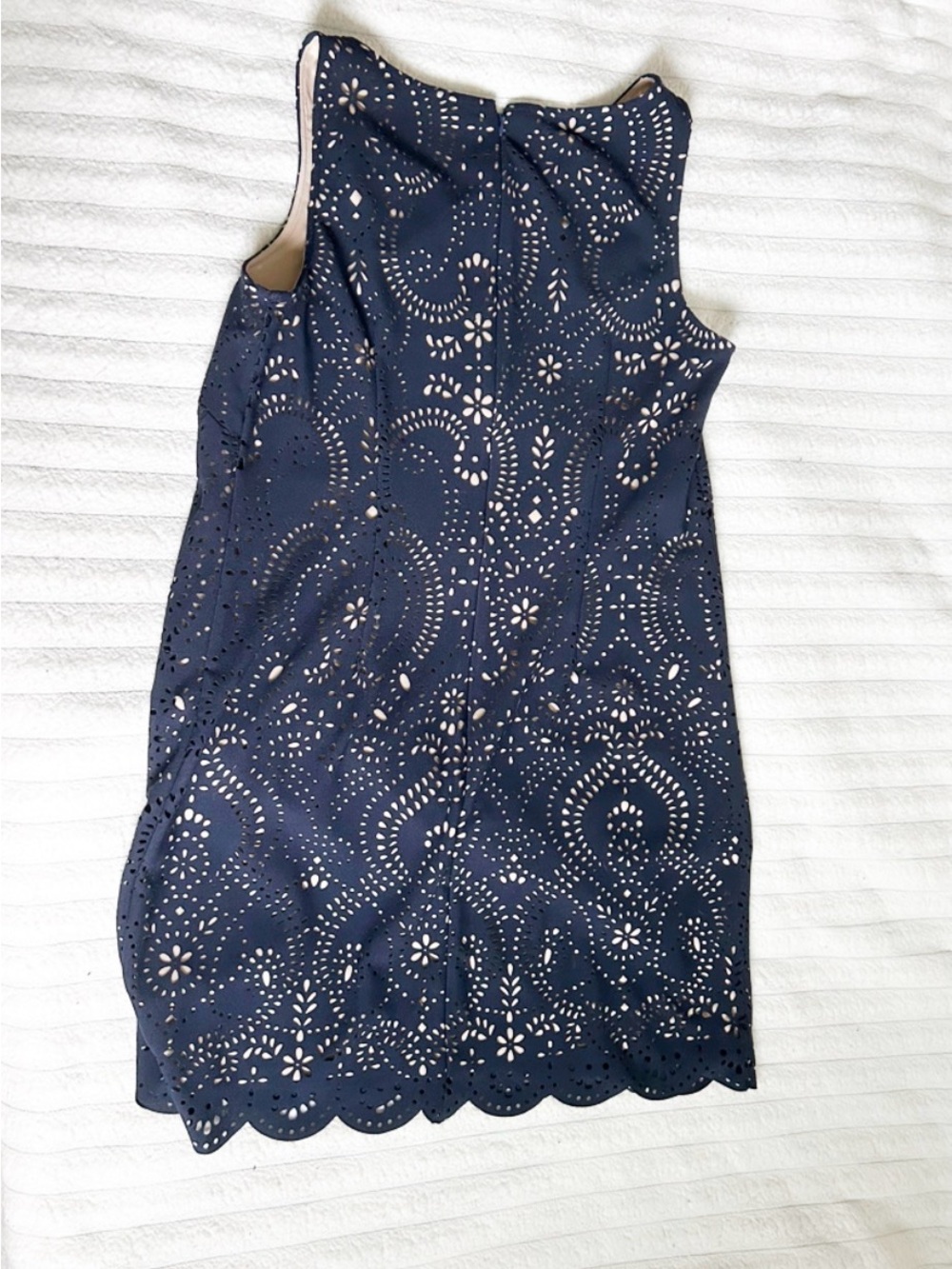 Women’s Eliza J Navy Blue Laser Cut + Nude Lined Dress with Scalloped Hem - Picture 2 of 3